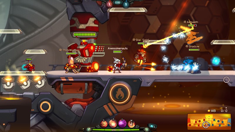 「Awesomenauts」 ドロイドは自動で接近してきた敵を攻撃し、相手チームの拠点へと進軍し続ける。