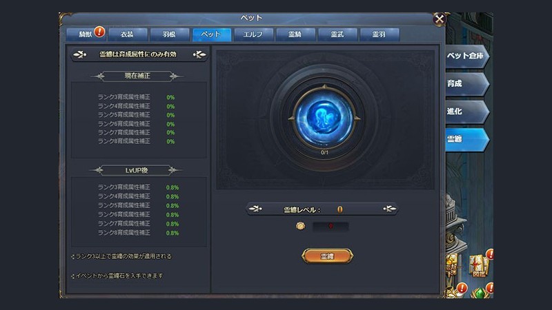 「騎士と翼のフロンティア」「霊纏」の項目ではペットのランクによって効果が決定するようになっているため、アイテムを利用して育成と進化を重ね、強力なペットに育てておこう。