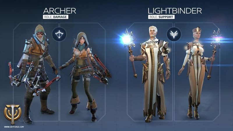 「Skyforge」ダメージ役に向いている「アーチャー（Archer 画面左）」とサポート役に向いている「ライトバインダー（Lightbinder 画面右）」