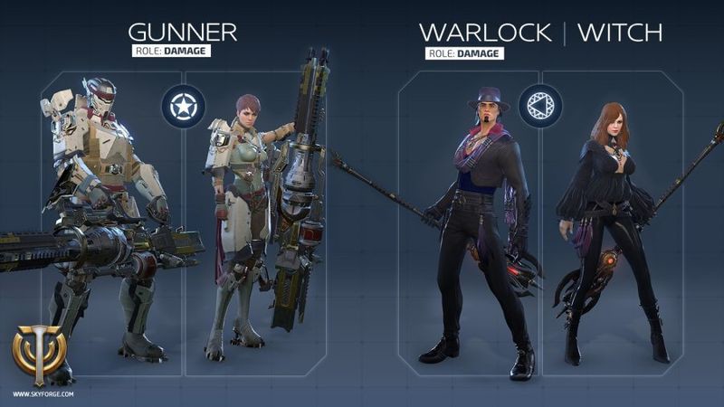 「Skyforge」ダメージ役に向いている「ガンナー（Gunner 画面左）」と「ワーロック/ウィッチ（Warlock/Witch 画面右）」