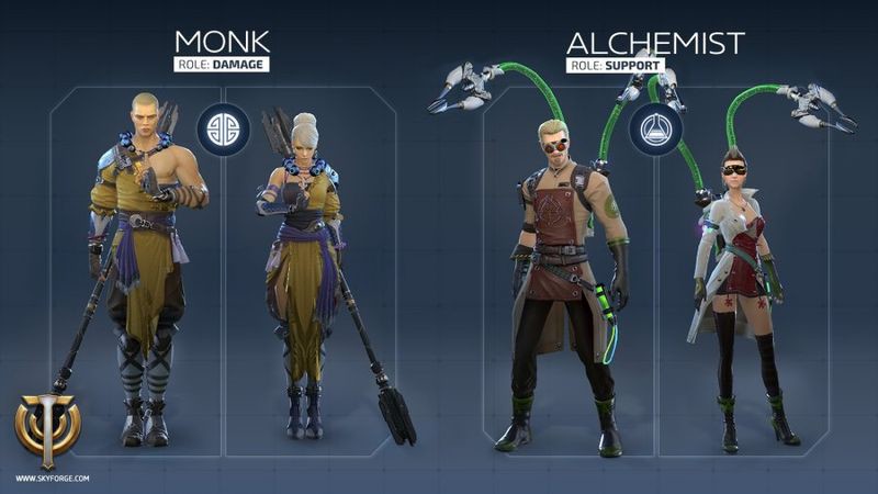 「Skyforge」ダメージ役に向いている「モンク（Monk 画面左）」とサポート役に向いている「アルケミスト（Alchemist 画面右）」