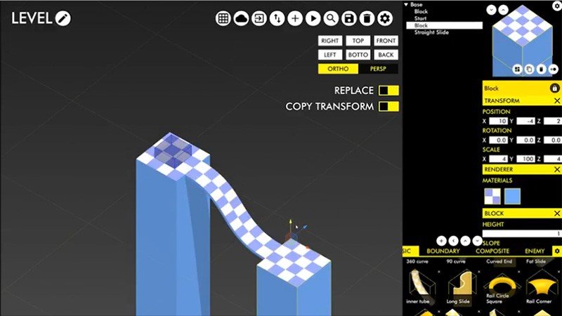 「マーブルレース（Marble Race）」マーブルレースではエディッター機能を使って、コースを自由に生み出すことが出来るようになっている。