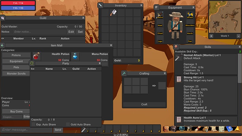 『ArchMMO 2』のインベントリ画面