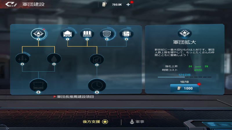 『放置艦隊』フラグがついているものが軍団が推薦している強化先施設