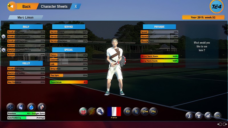 『Tennis Elbow 4』のステータス画面